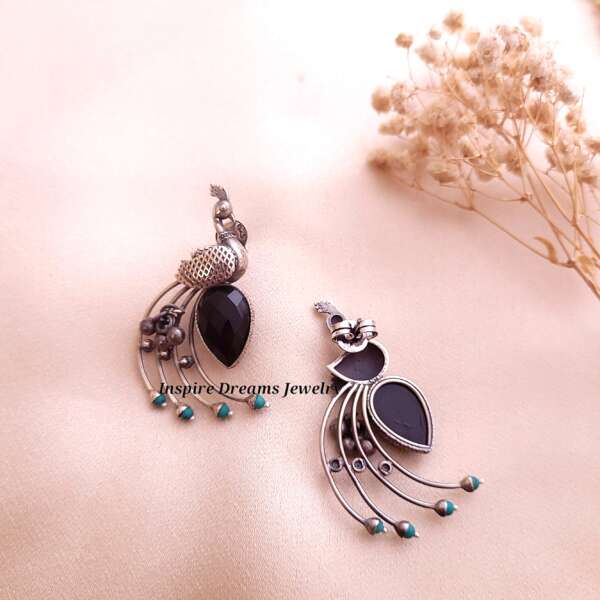 PEACOCK BLACK ONYX TURQUOISE BEADS EARRING. - Image 3