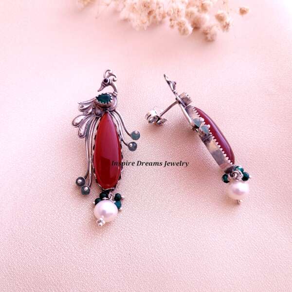 LONG TAILED PARADISE BIRD EARRING WITH CARNELIAN,PEARL AND GREEN STONE - Image 2