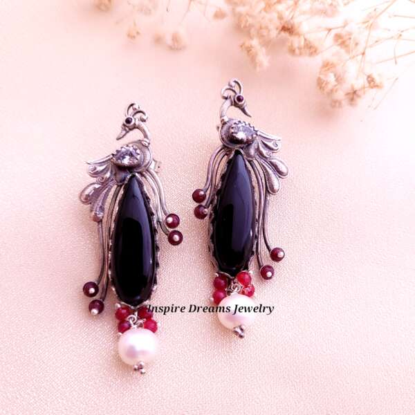 LONG TAILED PARADISE BIRD EARRING WITH BLACK ONYX ,ZIRCON AND RUBY PEARL BEADS