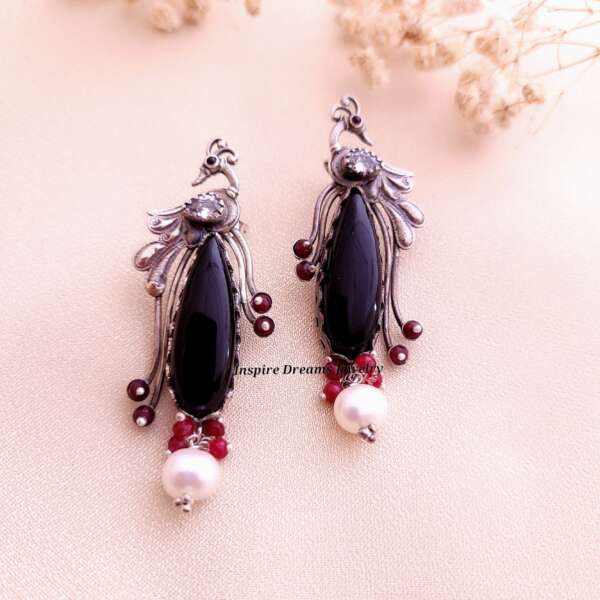 LONG TAILED PARADISE BIRD EARRING WITH BLACK ONYX ,ZIRCON AND RUBY PEARL BEADS - Image 2