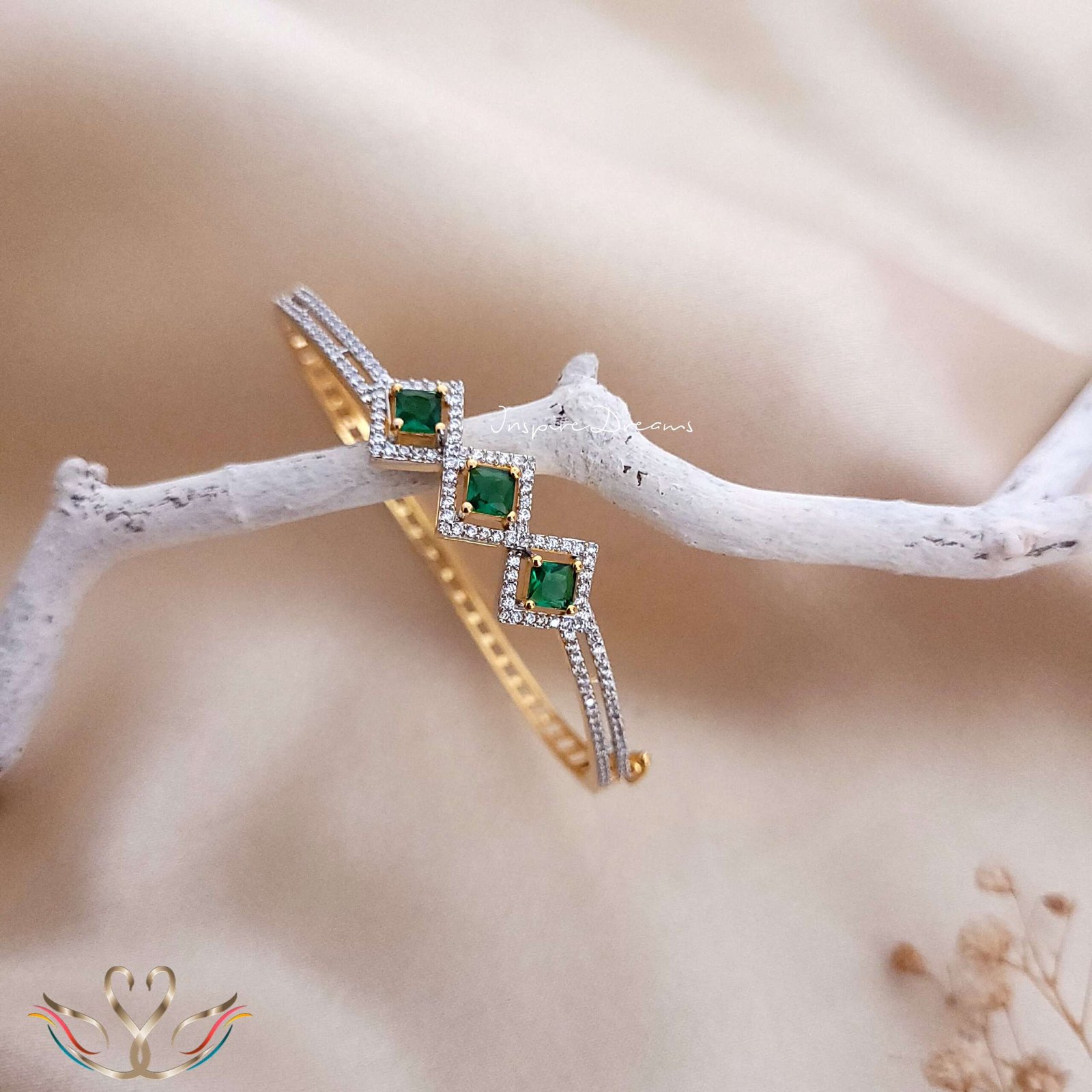 Gold Plated Scarlet Cz Square Bracelet (Emerald)