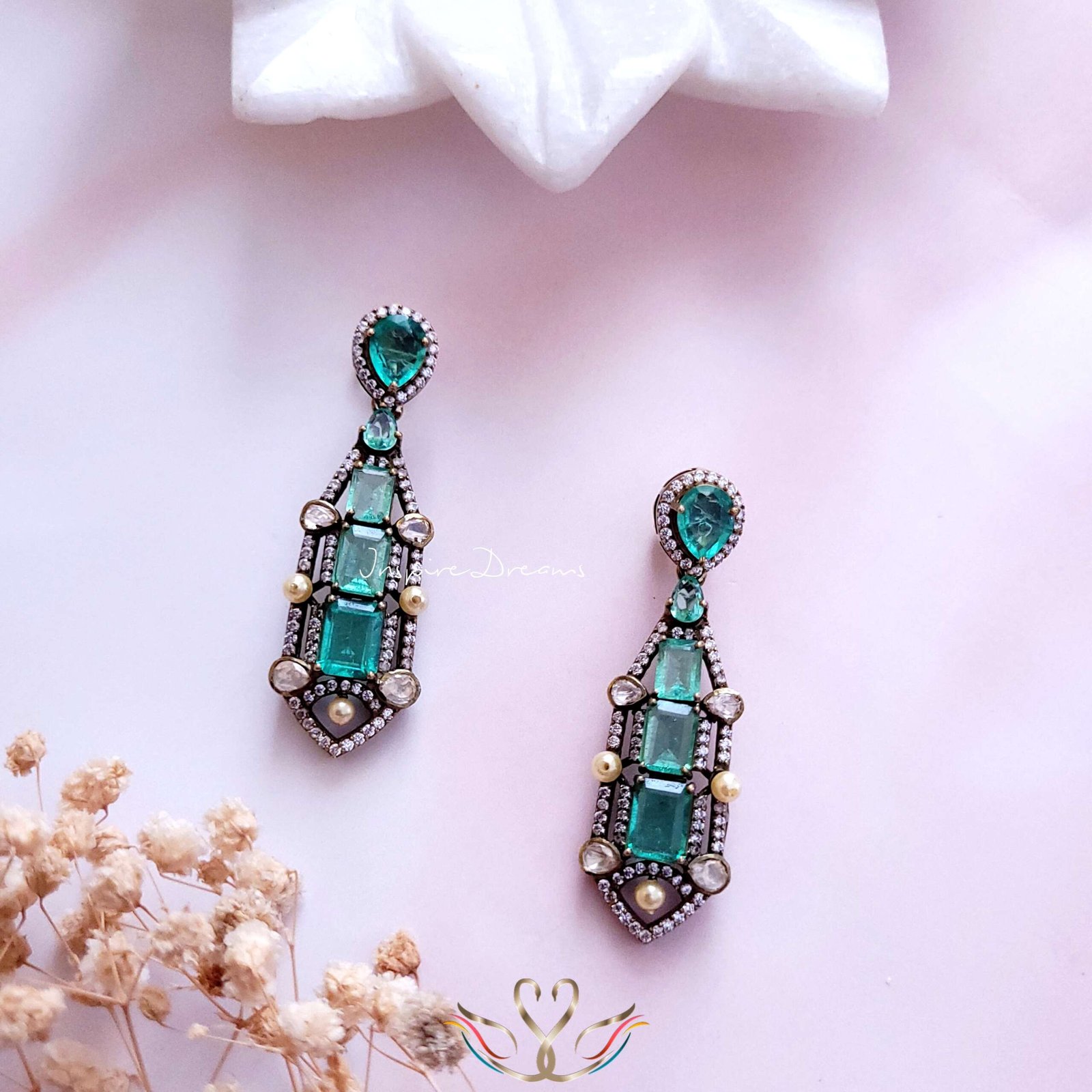 Victorian Silver Emerald & CZ Earrings
