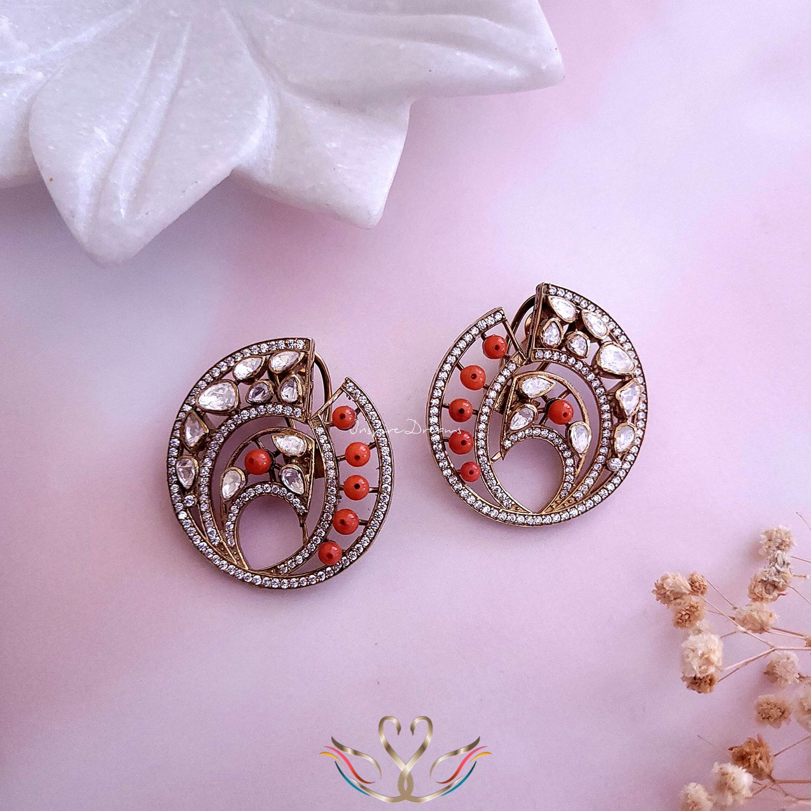 Oval Victorian Silver Moissanite & Coral Earrings