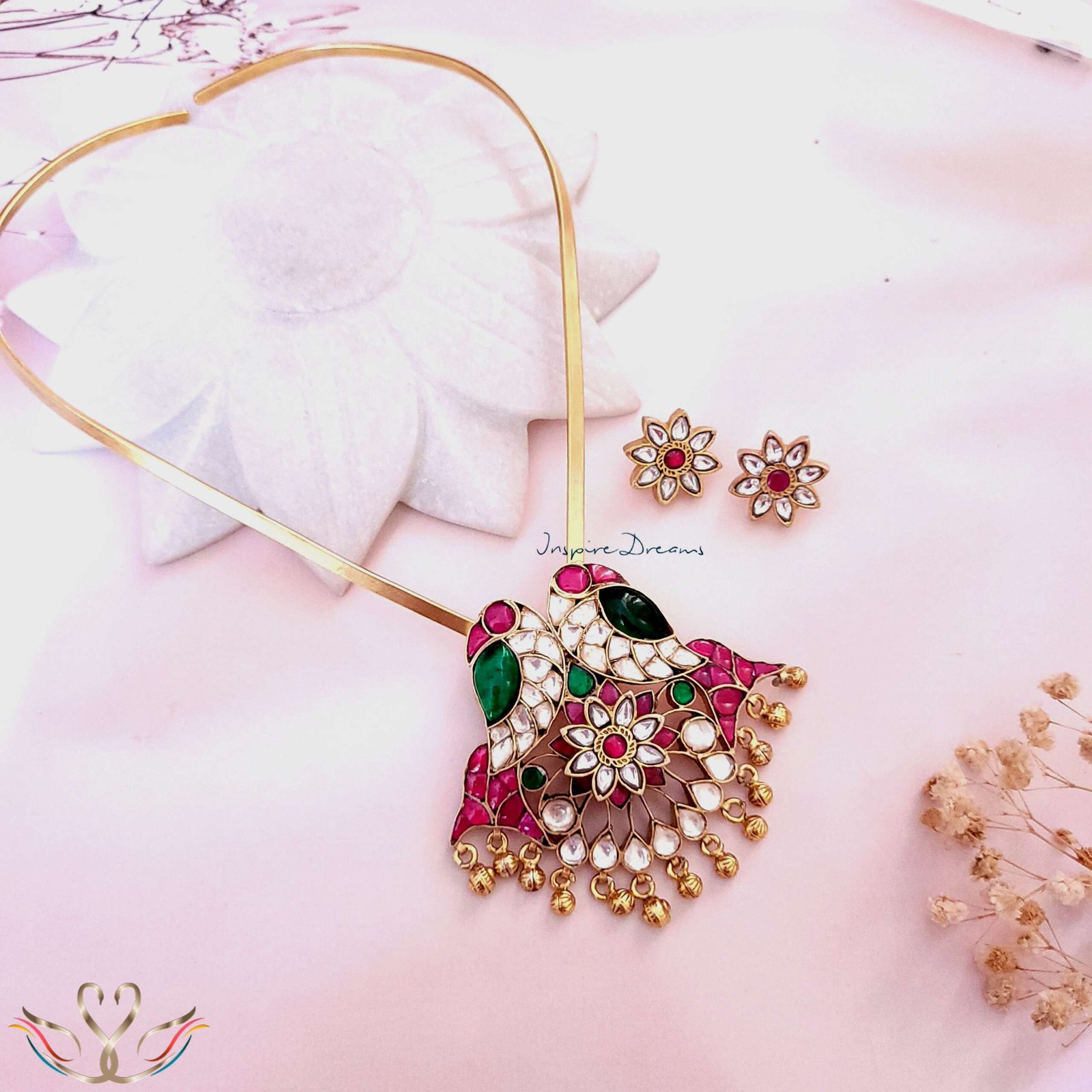 TWIN PEACOCK PENDANT WITH FLORAL STUD